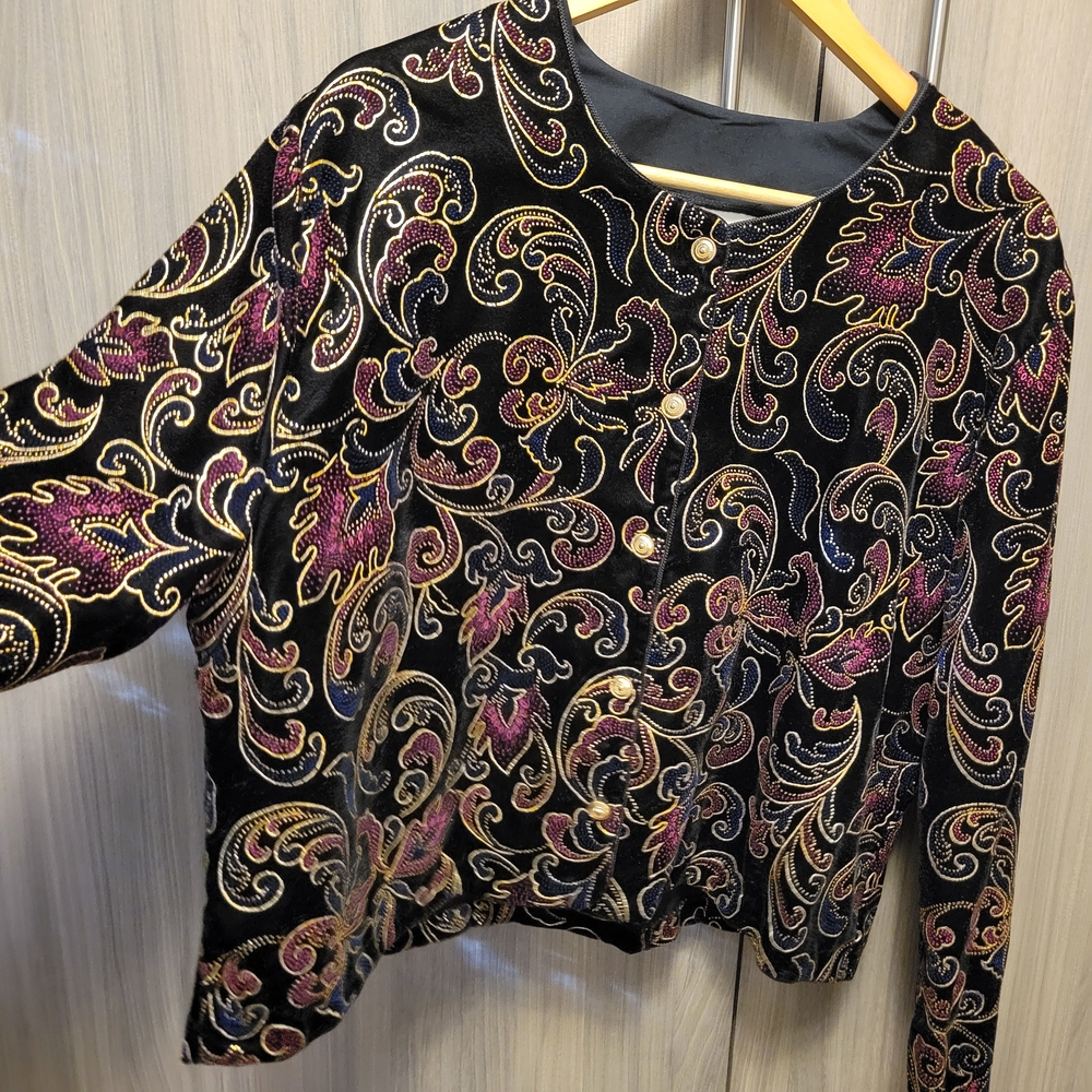 Vintage 80s Trimmings Cropped Embroidery Blazer Gold Purple Black
